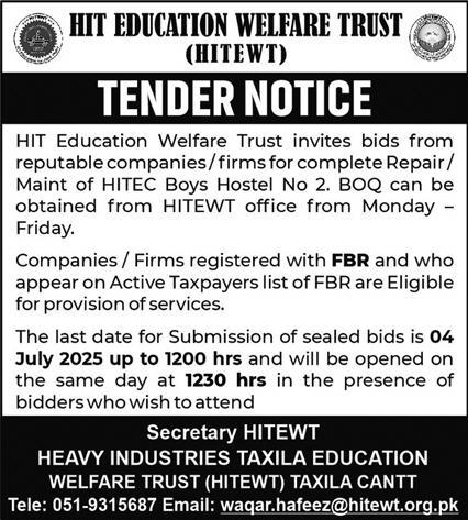 HIT Education Welfare Trust Taxila Tender Notice